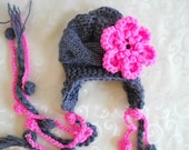 Baby Girl Hat With Flower - Hand Knitted Baby Hat - Baby Ear Flap Hat