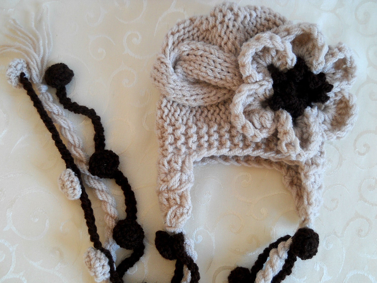 Baby Girl Hat With Flower - Hand Knitted Baby Hat Oatmeal