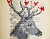Deer with birds- ORIGINAL ARTWORK Hand Painted Mixed Media on 1897 famous Parisien Magazine 'La Petit Illustration' by Coco De Paris