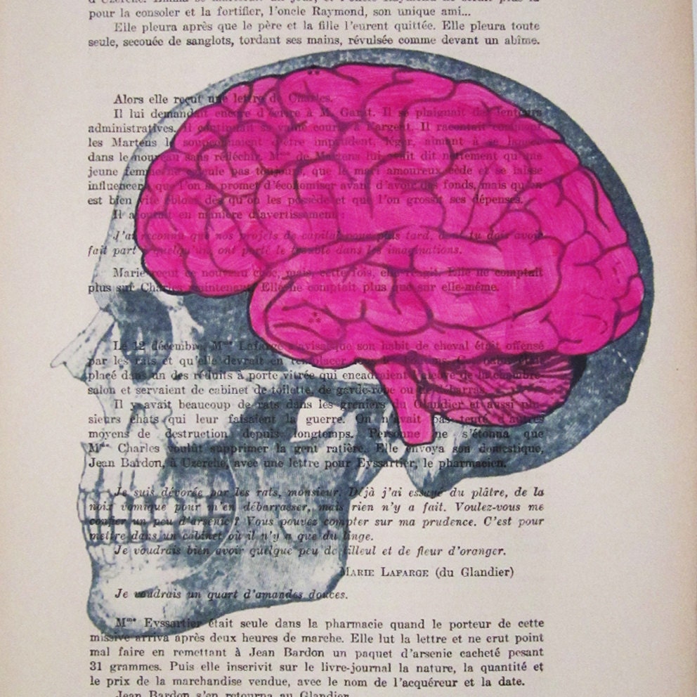 Pink brains- ORIGINAL ARTWORK Hand Painted Mixed Media on 1920 famous Parisien Magazine 'La Petit Illustration' xyz