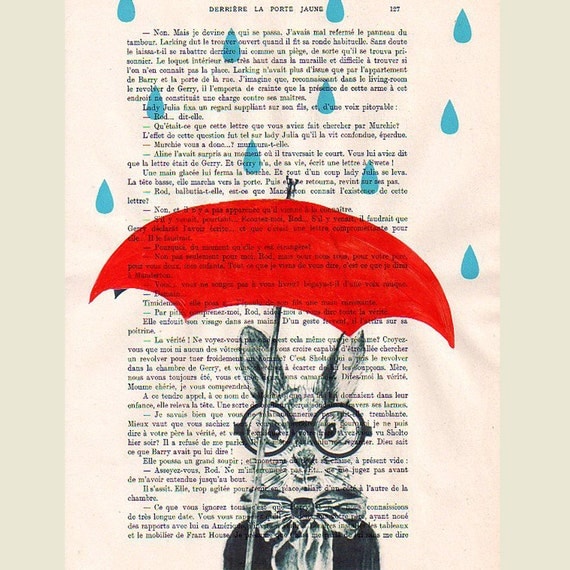 Raining Rabbit - Original Illustration-Art Print-Art Poster- Hand Painting Mixed Media- French 1920 Vintage Paper