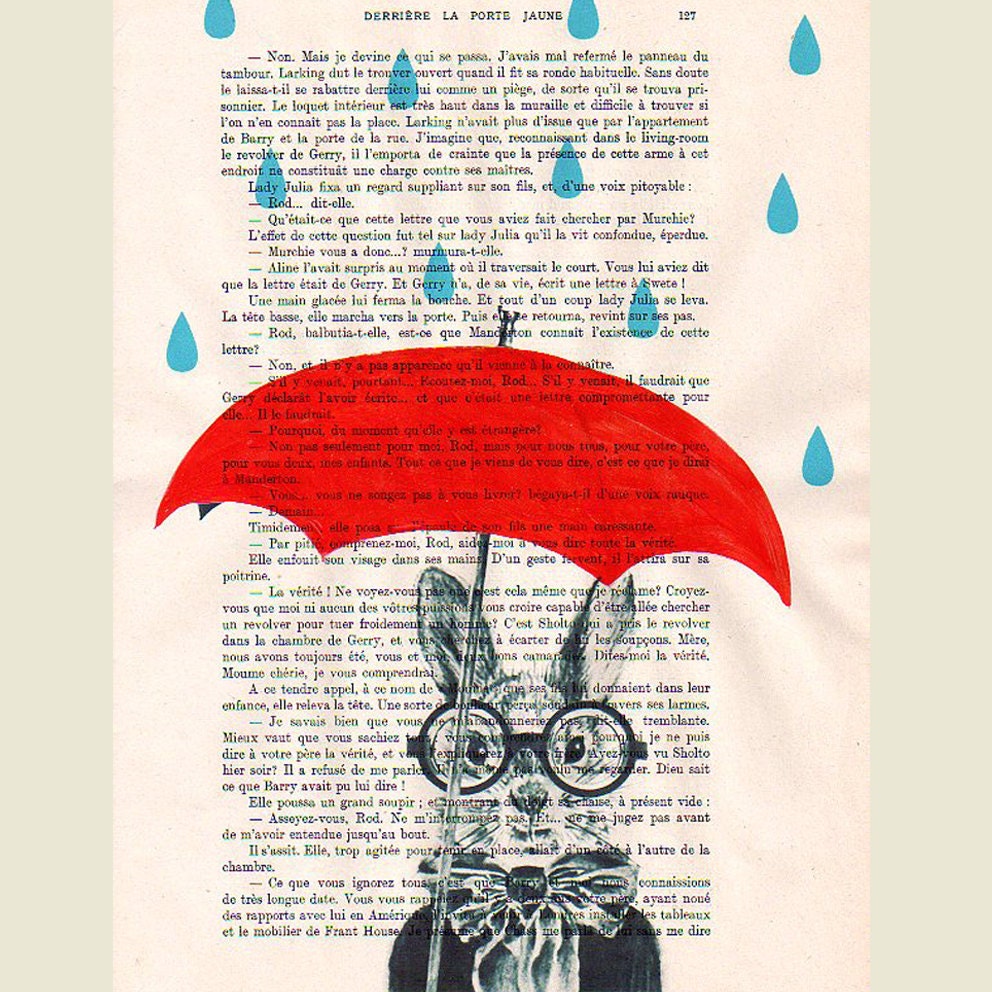 Raining Rabbit - Original Illustration-Art Print-Art Poster- Hand Painting Mixed Media- French 1920 Vintage Paper