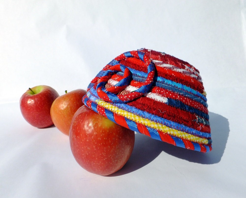 Small Deep Round Coiled Fabric Basket - Country Farmhouse Red, Yellow, and Blue