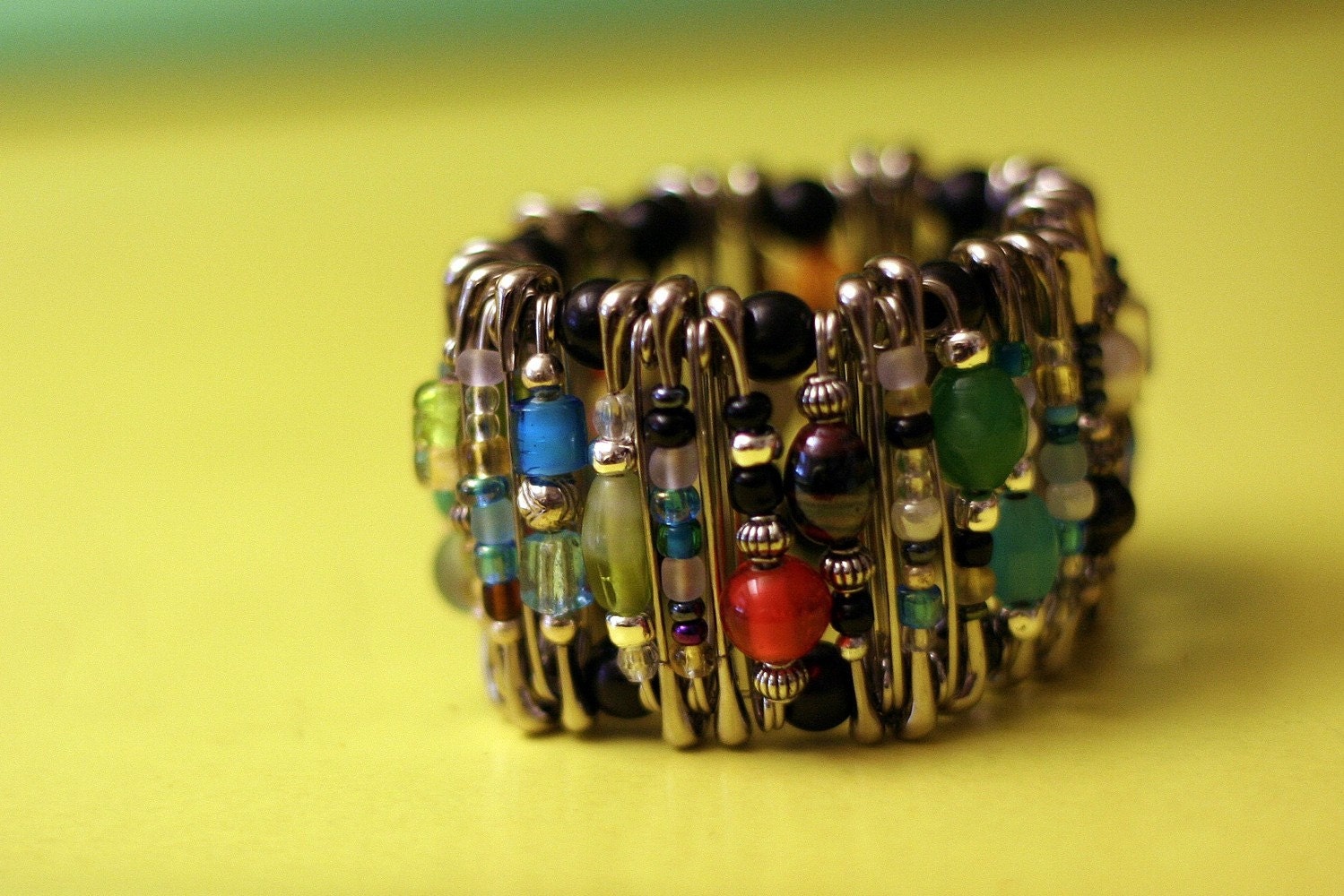 Bead Soup Pinlet. safety pin bracelet, glass beaded, multi color, cuff