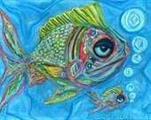 Art Print -Fish -Momma & Baby Fish Art Print by Erika Johnson 8 x 10 Giclee Print Coastal Art