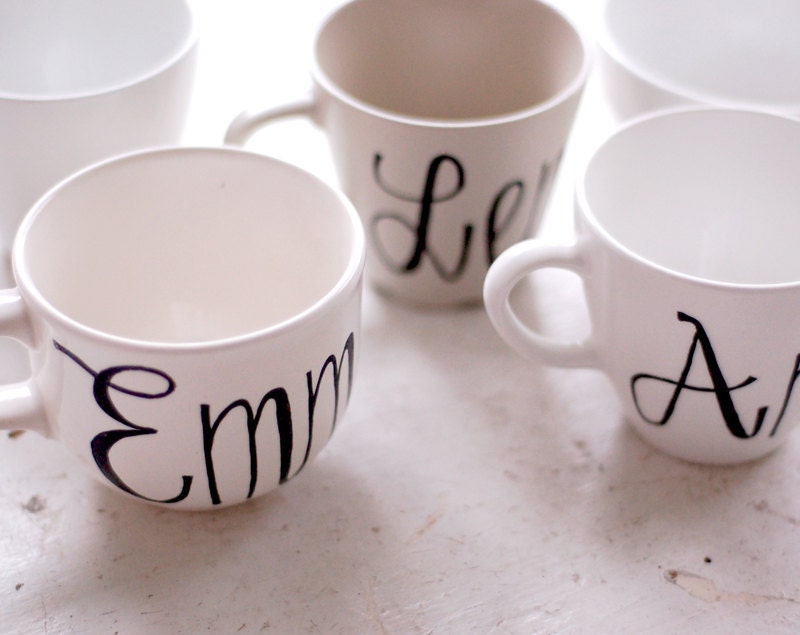 custom calligraphy first name recycled tea cups and mugs - bridesmaids, flower girls, birthdays - black and white