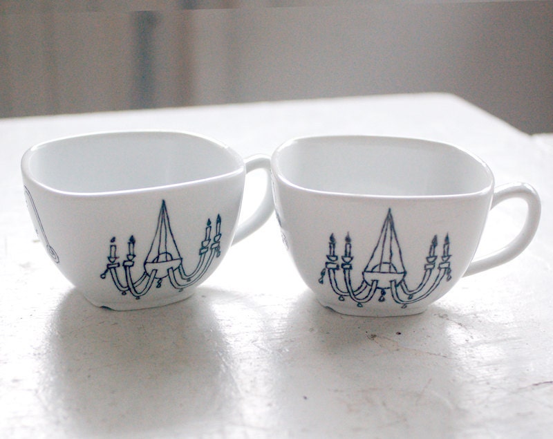 pair of new orleans light fixture tea cups - black and white porcelain mug - hand drawn illustration set of two (2)