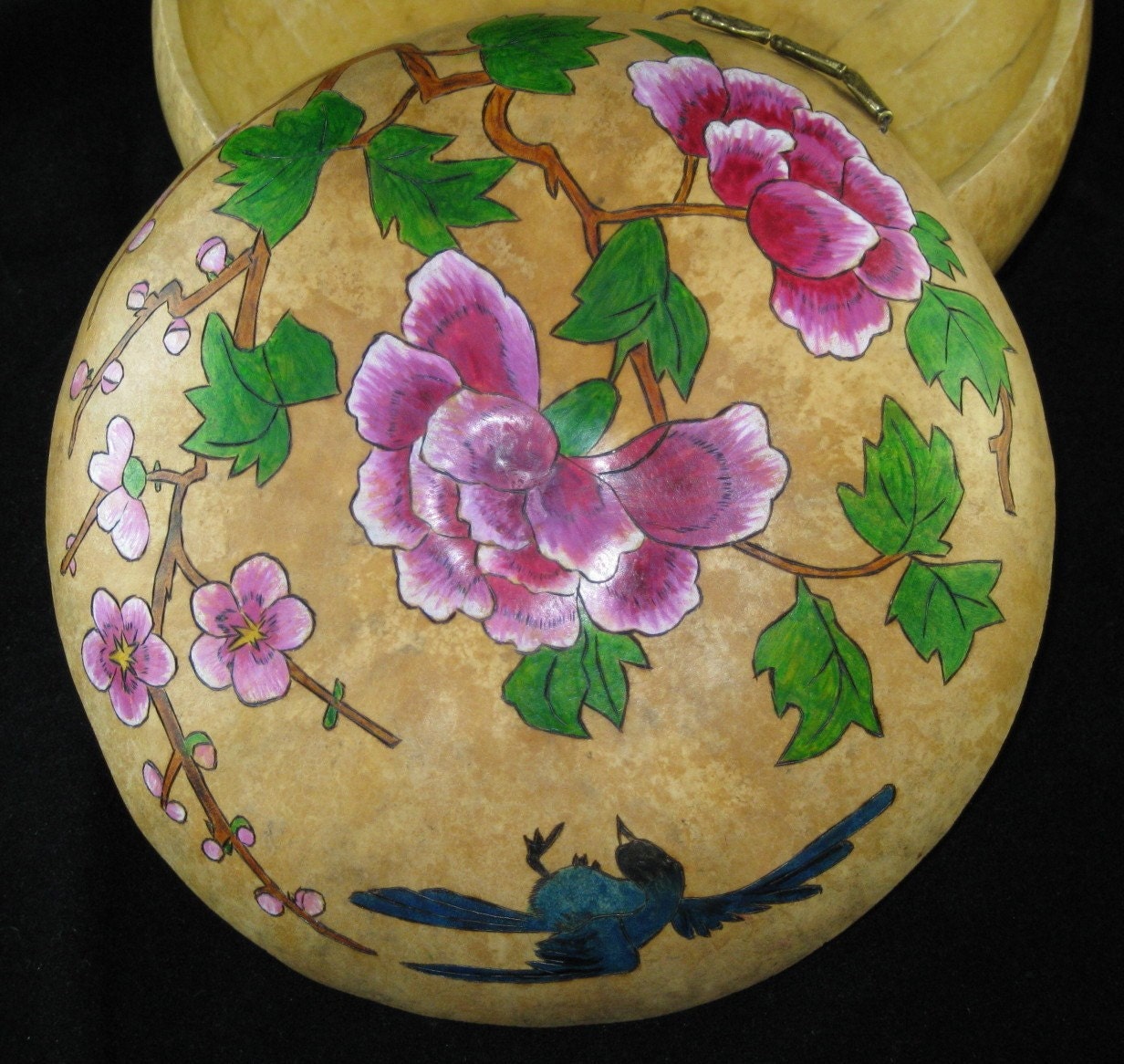Blue Bird and Flowers Asian Gourd Bowl with Lid