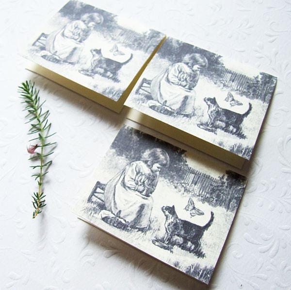 mini notes, cute mini cards with a vintage graphic  - girl with a cat - set of 6