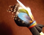 Drum Stick- Rainbow Warrior- Leather Drum Stick with Feathers and Bamboo Handle- Made To Order