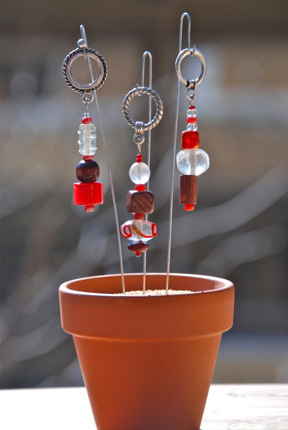 Rich Red, Red Glass bead And Dark Wooden Bead Knitting Stitch Markers