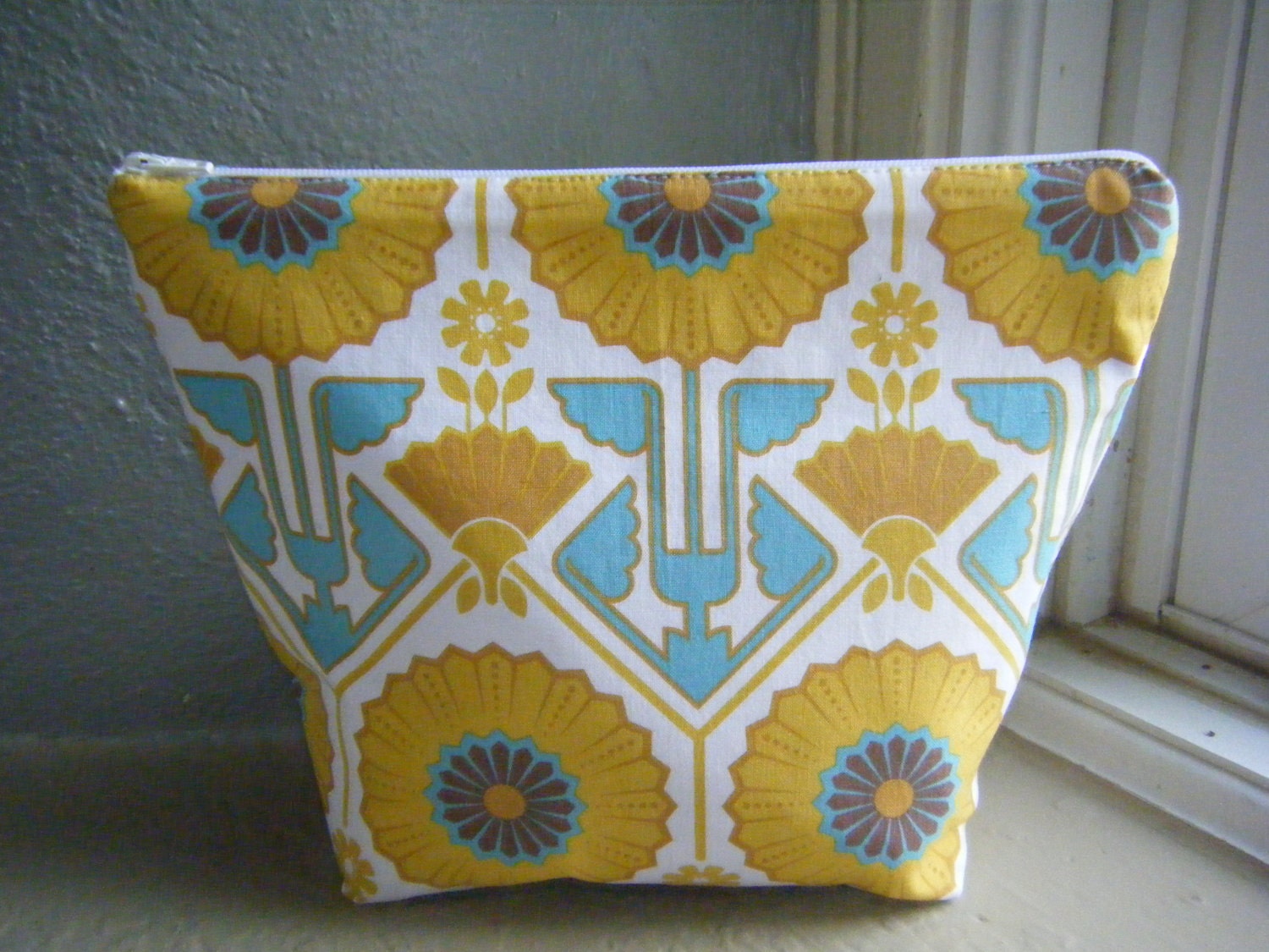 Cosmetic Bag Zippered Pouch Clutch in Joel Dewberry's Sunflower Motif with a Laminated  Polka Dot Lining
