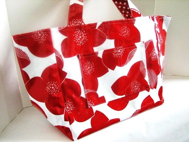 Tote Bag Market Bag Diaper Bag in Red and White Laminated Cotton Drill Lined with Red and White Polka Dot Laminate