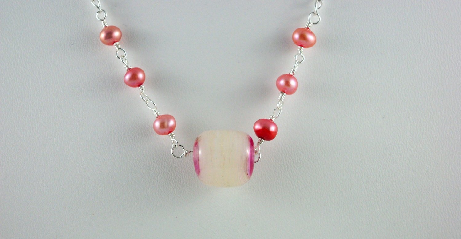 SALE - Penelope Necklace by Michelle Pink Pearl and Lampwork Delicate Gift Idea Caliente Glass