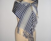Vintage Fringe Scarf Wrap Shawl Silver Blue Silk Stripes Imported
