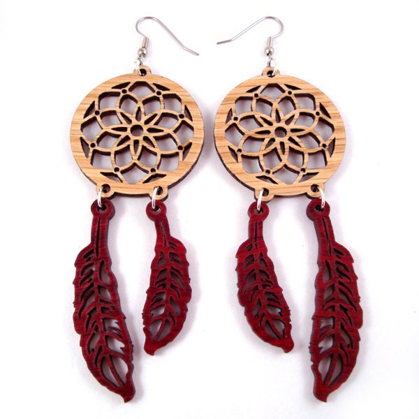 Dream Catcher Sustainable Wooden Earrings - in Oak and Red Stained Maple