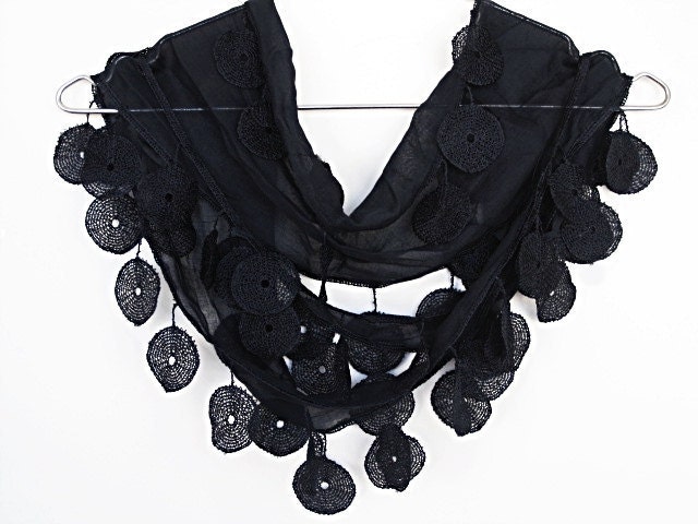 Traditional Turkish Woven Black Scarf With Lace