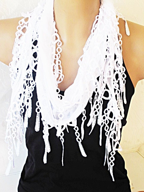 Snow White Cotton Organic Scarf With Fringed Lace, Wedding, Gift