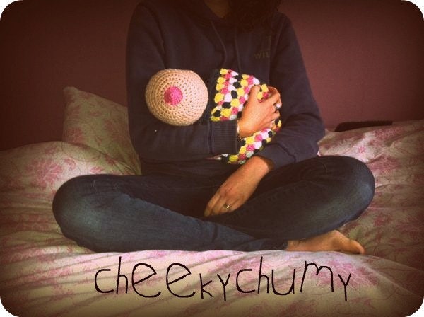SALE. Fun crocheted boobie beanie, breastfeeding hat. Newborn size.