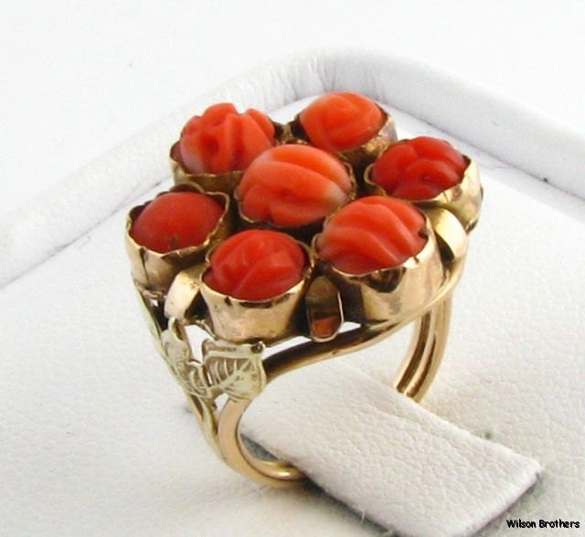 14k Yellow Gold Victorian Carved Coral Cocktail Ring c. 1800s