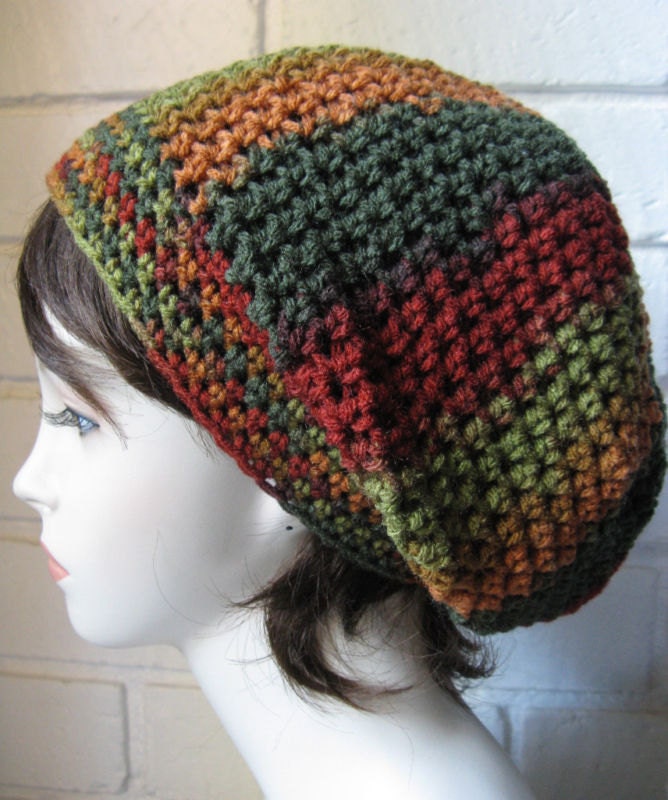 Red Orange Green Fall Hand Croche Hat Rasta Beanie Slouchy Hippie