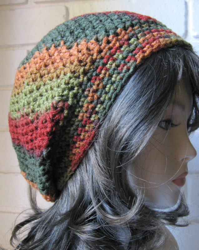 Red Orange Green Fall Hand Croche Hat Rasta Beanie Slouchy Hippie