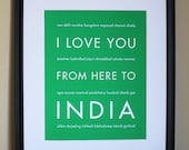 India Wall Decor, I Love You From Here To INDIA, Travel Art Print, 8x10, Choose Your Color, Unframed