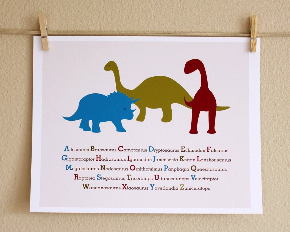 Nursery Art, Three Dinosaurs ABCs, 8x10, Unframed