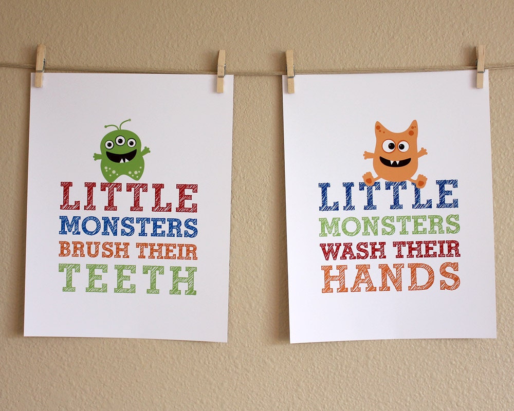 Bathroom Wall Decor, Little Monsters, One 8x10 Art Print, Unframed