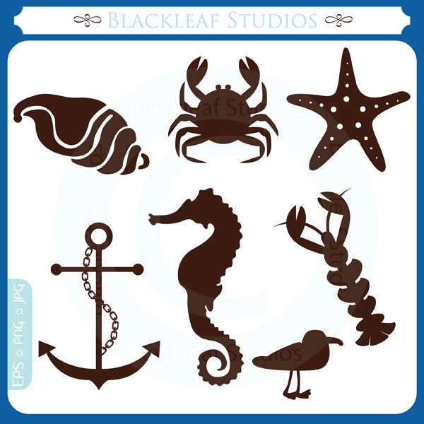 At the Beach Animals Silhouettes Clipart Set Digital Download Images, Scrapbook, Graphics, Crafters - Personal and Commercial Use Clipart