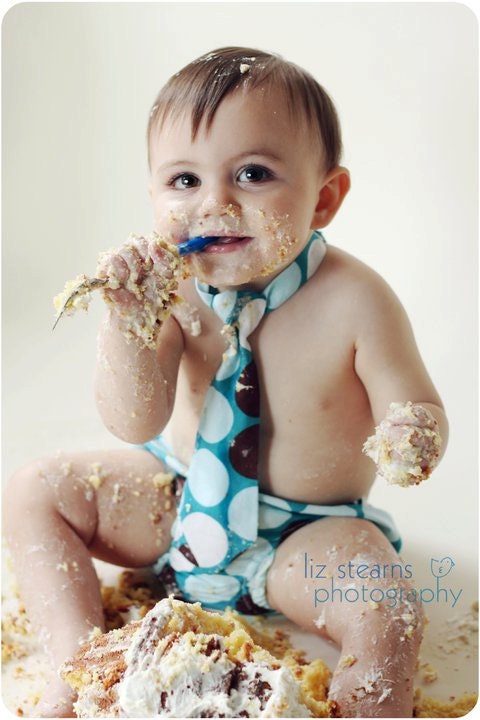 RUSH ORDER Baby Boy / Toddler Party Hat,  Necktie & Diaper Cover Teal White Chocolate Brown Mod Dot