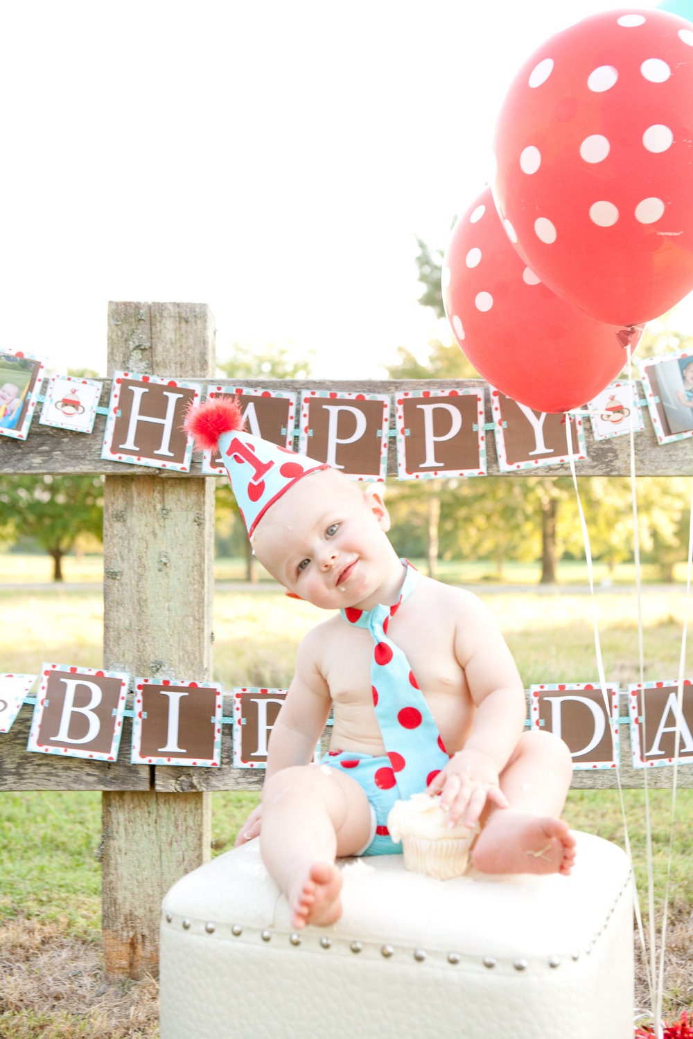 Baby Boy / Toddler Party Hat,  Necktie & Diaper Cover Aqua and Red Polka Dot Circus Print