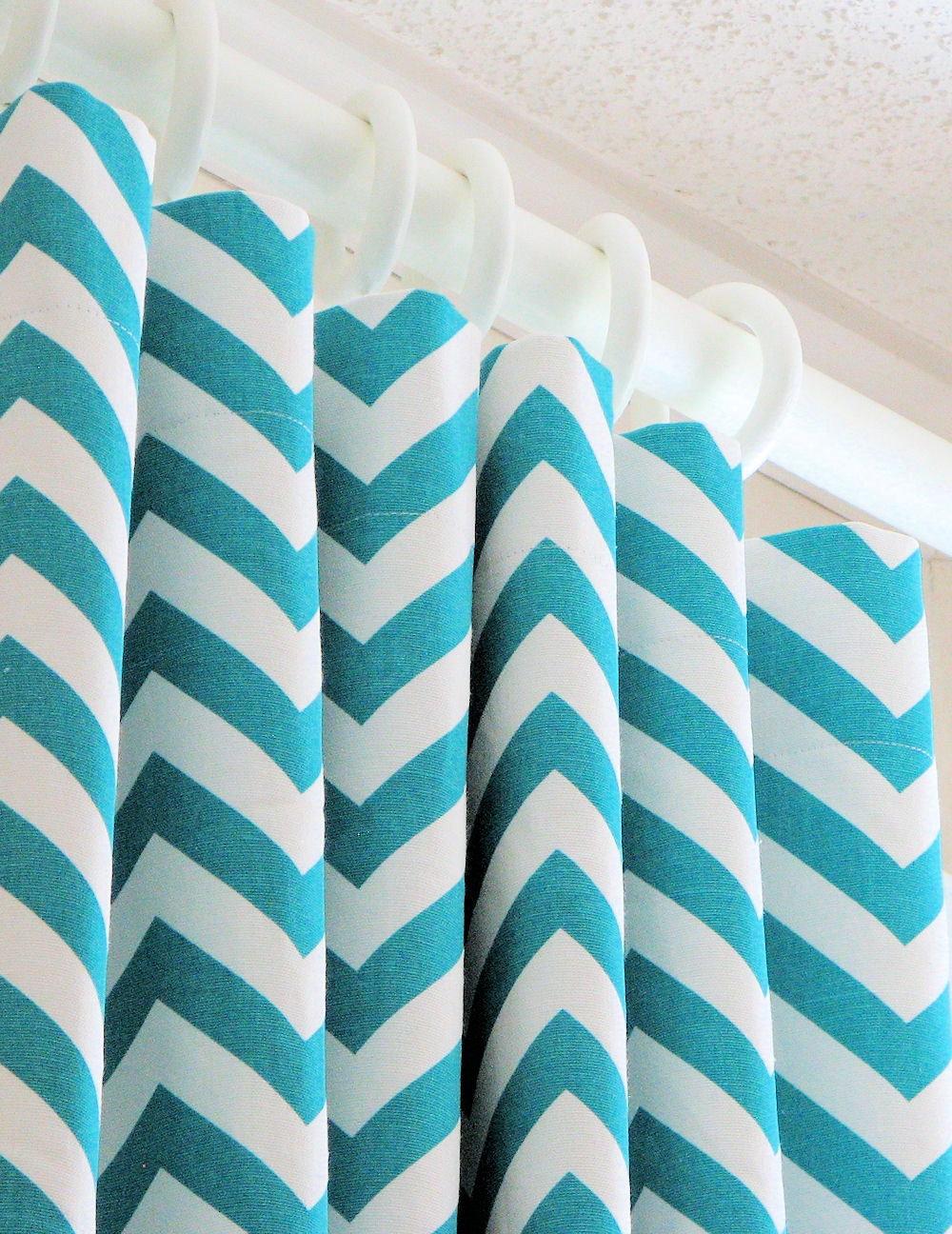 Designer Curtains - Pair of Decorative Designer Custom Curtains Drapes  50 x 108 Turquiose and White Chevron Zig Zag