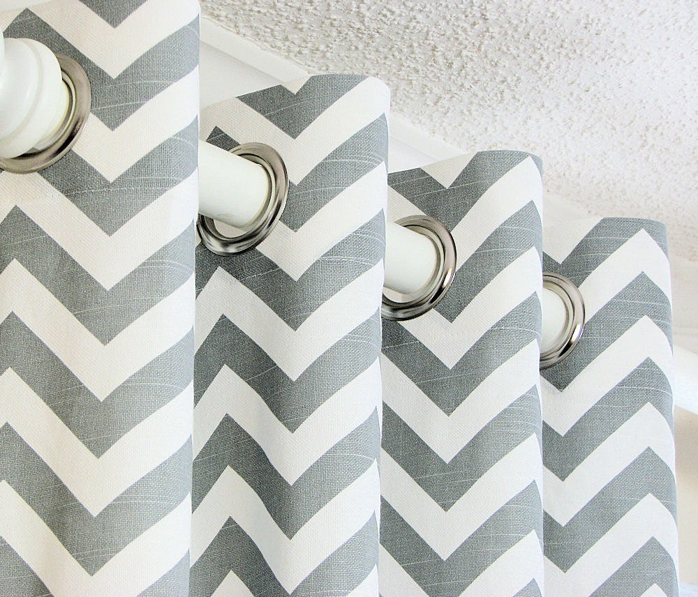 Pair of Decorative Designer Custom Grommet Curtains Drapes 52 x 84 Ash Gray and White Chevron Zig Zag