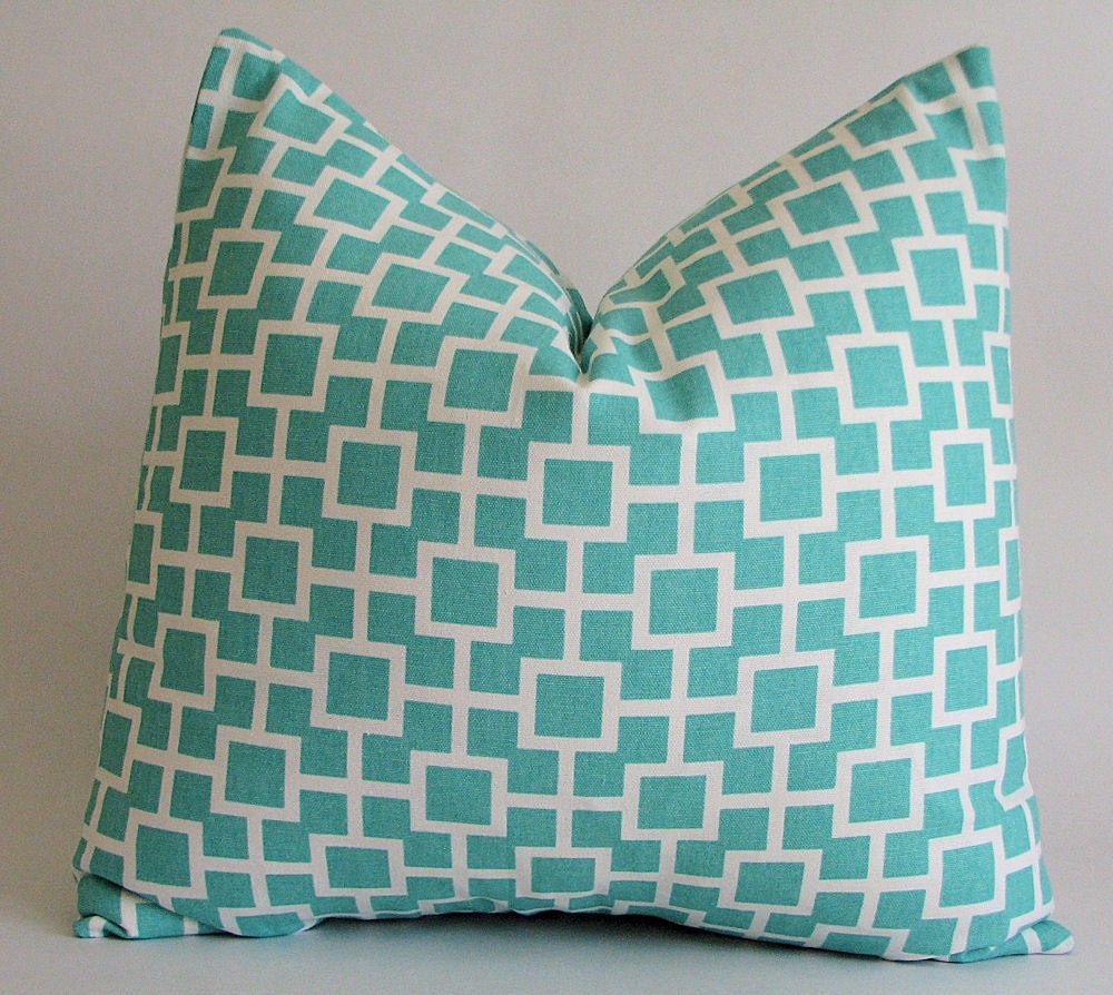 Designer Decorative Pillow Cover Square Lattice in Aqua and White 18 x 18 inch  Removeable Cover Contemporary Modern Style
