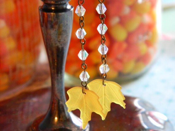 Earrings Vintage Autumn Fall Yellow Lucite Leaves AB Swarovski Crystals - Rain Drops on Harvest Leaves