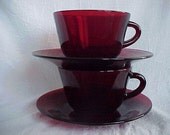Anchor Hocking Royal Ruby Cups and Saucers 1940s - 1960s Pair