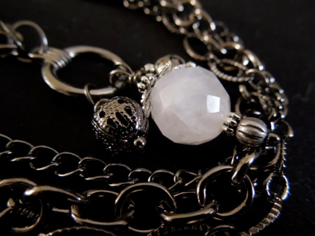 Mixed Chain ROSE QUARTZ Necklace - chunky, gunmetal, black, pink, handmade charms, gift idea