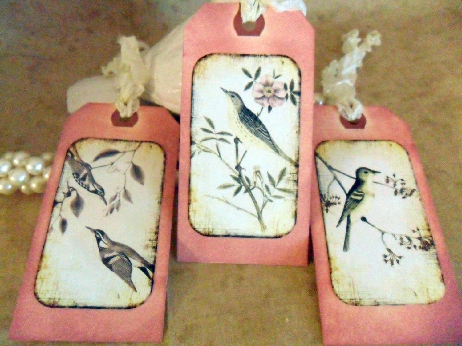 Gift Tags Pink Bird Antique Style Distressed Handmade Seam Binding Ribbon