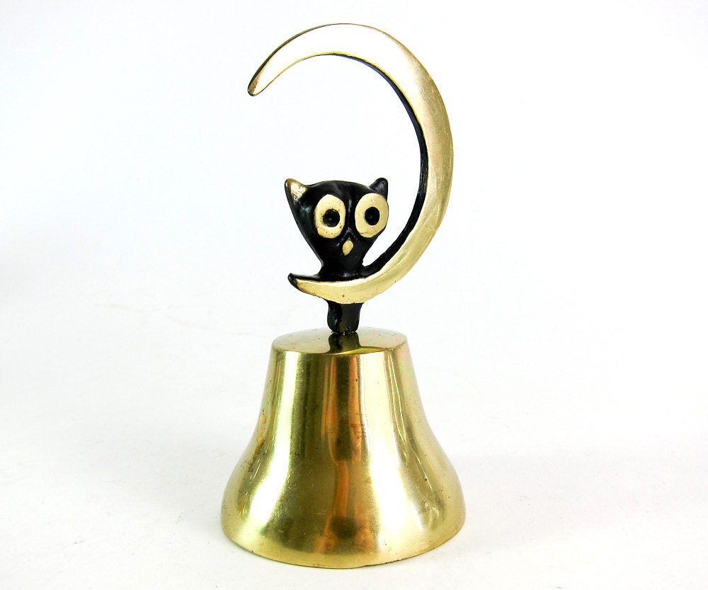 Vintage ORIGINAL Modernist Austrian 1960s Brass Owl on Moon Figurine on Bell