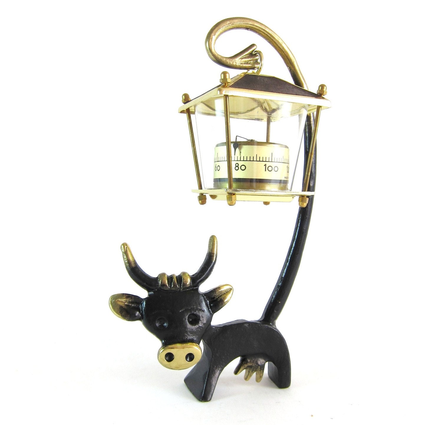 Vintage ORIGINAL Modernist Austrian 1960s Brass Cow Figure with Thermometer