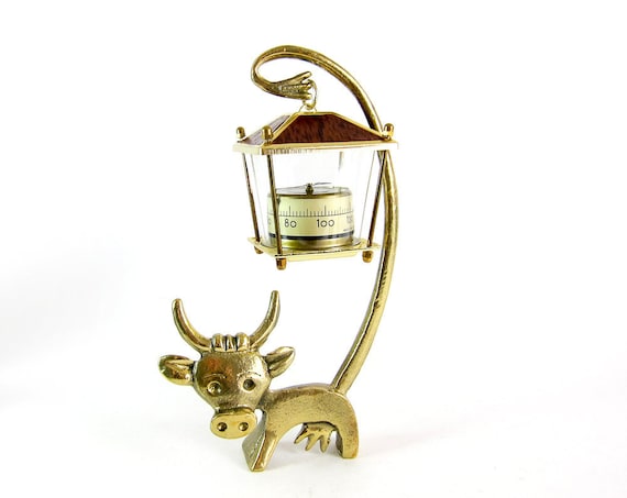 Vintage ORIGINAL Modernist Austrian 1960s Brass Cow Figure with Thermometer