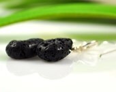 Sterling Silver lava rock earrings - black drop and sterling circles - Pele