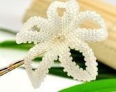 Bridal Plumeria hair flower - frosted snow white beaded bobby pin - Hau