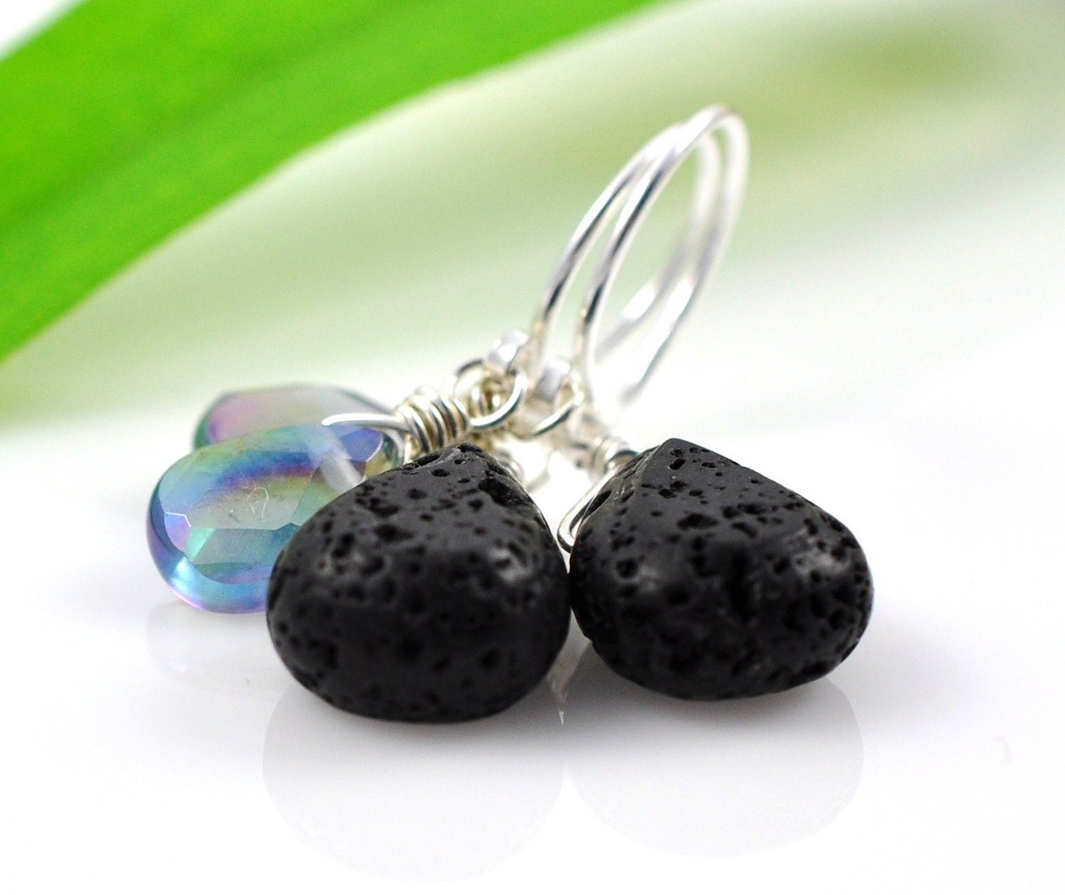 Lava earrings - wire wrapped hawaiian lava rock and glass - Maui