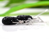 Lava Rock and silver leaf earrings - sterling silver hawaiian wirewrapped - Vines