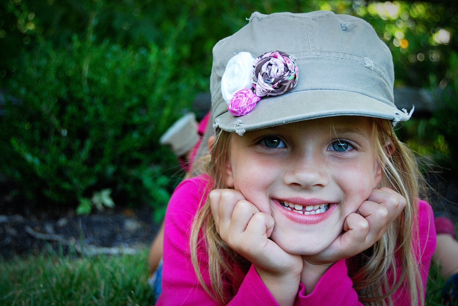 Hat with Rolled Fabric Flower Trio in Brown, Pink and Cream for Toddler or Little Girl