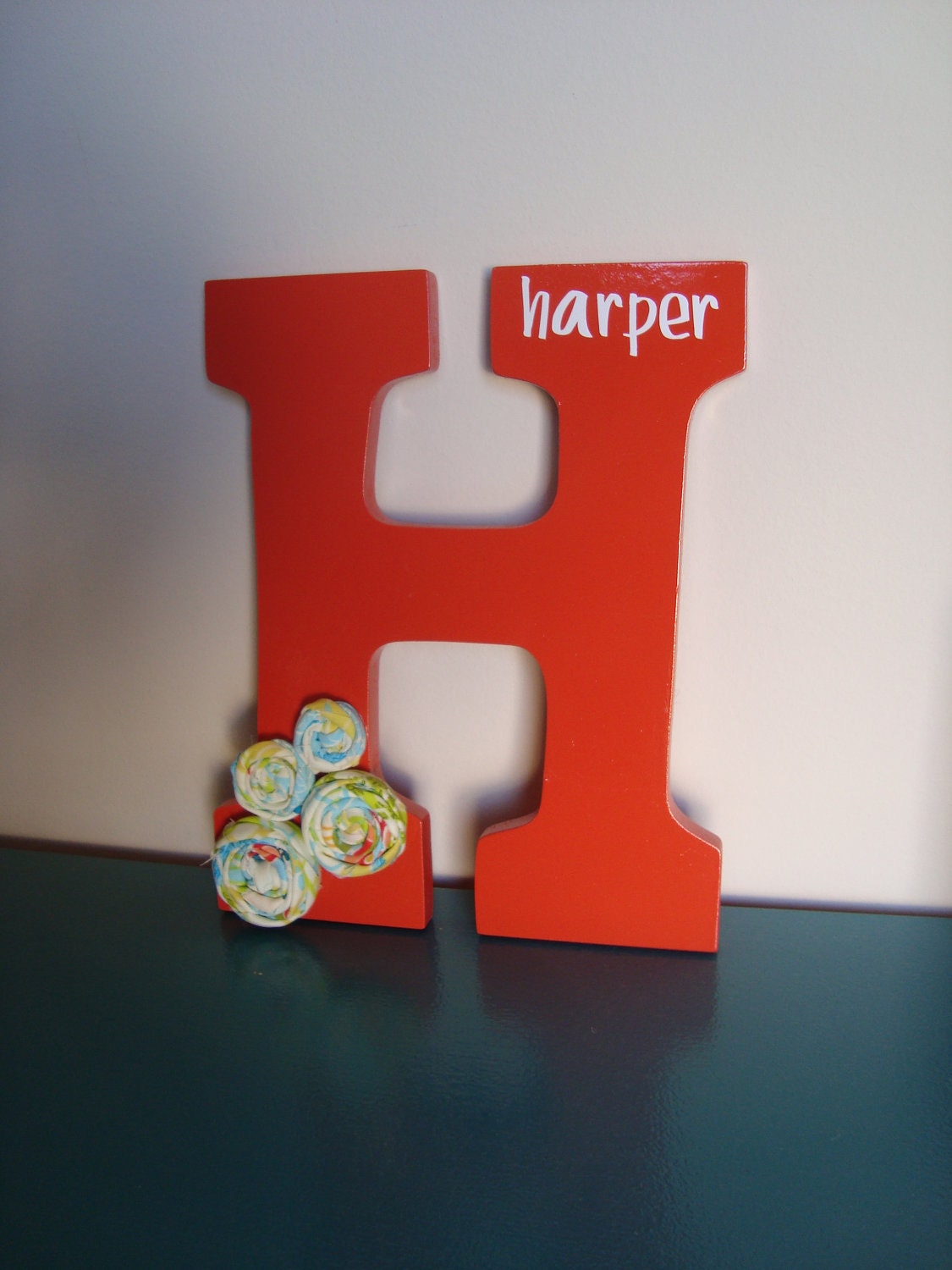 Custom Wall Letter Initial Personalized for Baby Girl's Room with Rolled Fabric Flowers