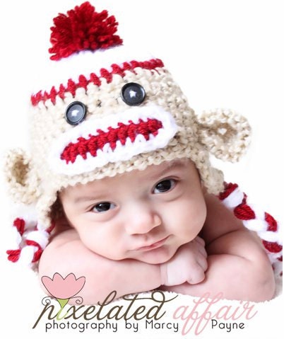 Crochet Baby Boy Sock Monkey Hat Newborn 0-3 and 3-6 Months Photography