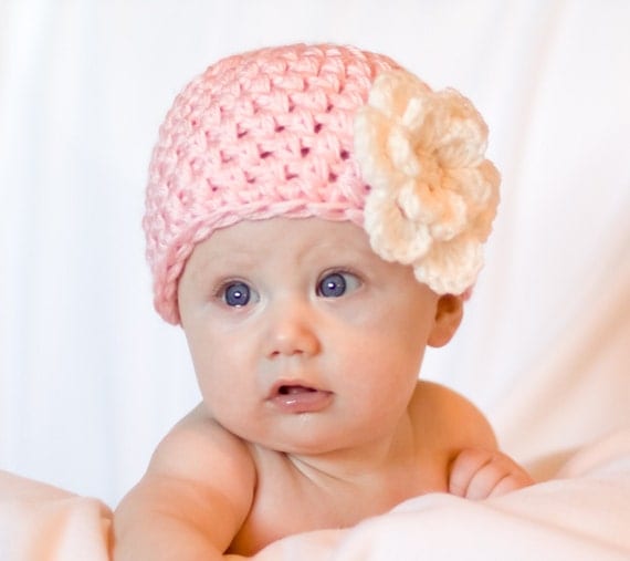 Crochet Baby Girl Beanie With Flower Newborn 0-3 and 3-6 Months Photography